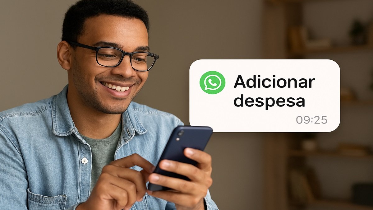 Usuário interagindo com assistente financeiro via WhatsApp em um smartphone